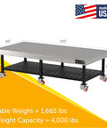 Boss Level Welding Workstation With Smooth Rolling Casters Heavy Duty Steel Fabrication Bench 120 By 60 Mobile Shop Worktable, showing grid top and wheels.
