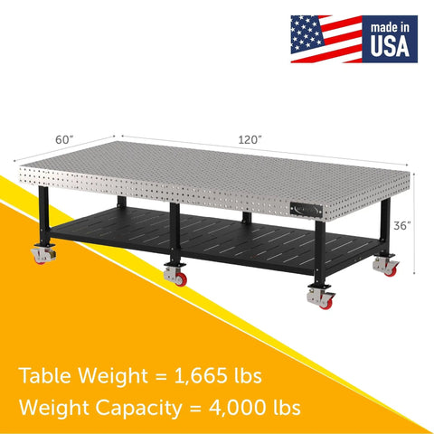 Boss Level Welding Workstation With Smooth Rolling Casters Heavy Duty Steel Fabrication Bench 120 By 60 Mobile Shop Worktable, showing grid top and wheels.