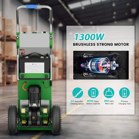 Electric Stair Climbing Dolly With 1200W Motor, Heavy Duty Foldable Hand Truck viewed from the back showing 1300W motor details.