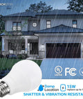 Universal Garage Door Opener LED Light Bulb 4 Pack 1700 Lumen 15W A19 Equivalent, house in rain showcasing bulb's durability.
