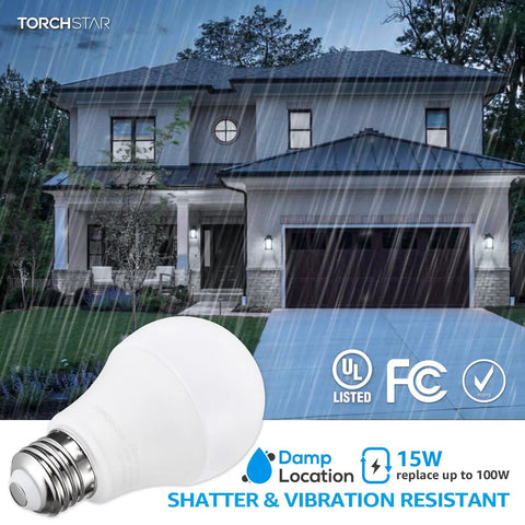 Universal Garage Door Opener LED Light Bulb 4 Pack 1700 Lumen 15W A19 Equivalent, house in rain showcasing bulb's durability.