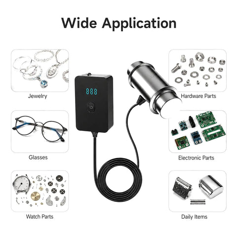 Portable Handheld Ultrasonic Cleaner with digital timer, shown cleaning jewelry, glasses, and watch parts, sturdy stainless steel design.