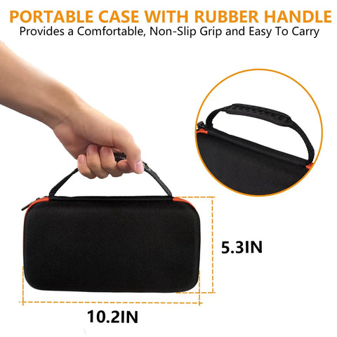Person holding Heavy Duty Dual Wireless Microphone Case For Two Mic Systems with rubber handle, dimensions 10.2 x 5.3 inches.