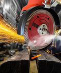 Keep Dust To The Curb And Your Equipment In Top Shape With This Smooth Two Mode Flexible Water Sprayer Nozzle For Angle Grinders Concrete Cutting And Tough Construction Sites, showcasing water spray and sparks from a cutting disc.