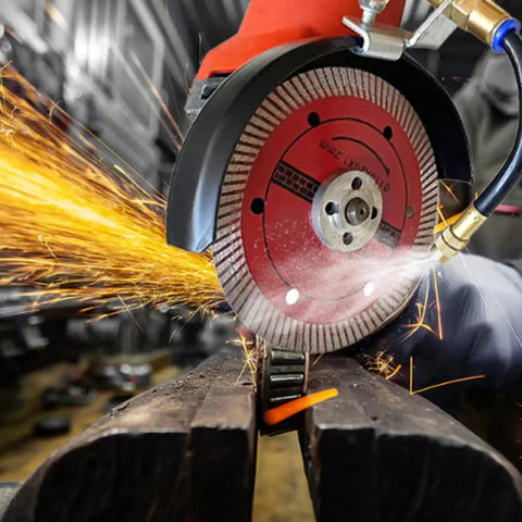 Keep Dust To The Curb And Your Equipment In Top Shape With This Smooth Two Mode Flexible Water Sprayer Nozzle For Angle Grinders Concrete Cutting And Tough Construction Sites, showcasing water spray and sparks from a cutting disc.