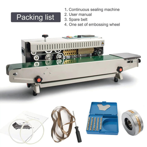 Automatic Horizontal Continuous Sealing Machine For Plastic Bags, Band Sealer With Embossing And Date Stamp, Pro Grade Seals Up To 0.08mm Thick Bags, Great For Kraft Paper, Aluminum Foil And Film Bags, shown with accessories including user manual, spare belt, embossing wheel.