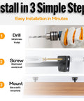 Installation steps for Badass Hidden Floating Shelf Brackets Featuring Slick Pinol Screw Tech showing drilling, screwing, and mounting process.