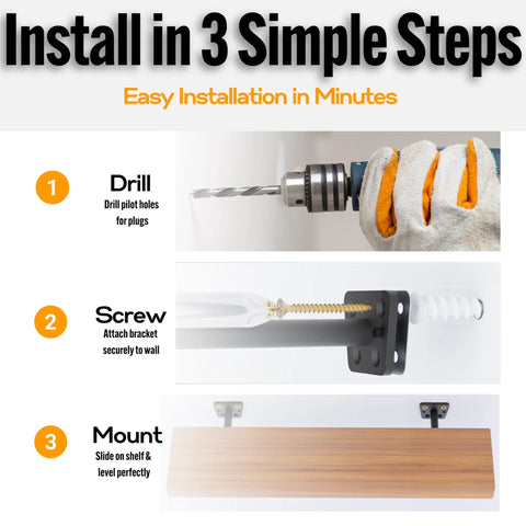 Installation steps for Badass Hidden Floating Shelf Brackets Featuring Slick Pinol Screw Tech showing drilling, screwing, and mounting process.