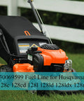 Fuel Line And Air Filter Kit For Husqvarna 128 Series Trimmers beside orange lawn mower