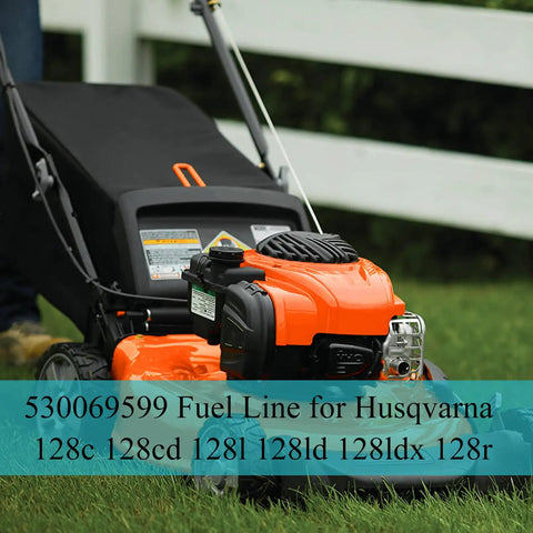 Fuel Line And Air Filter Kit For Husqvarna 128 Series Trimmers beside orange lawn mower