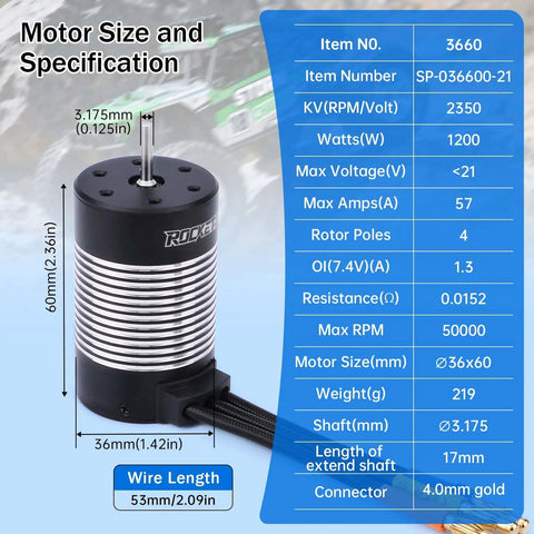 All Weather 3660 2350Kv Brushless Motor with size specifications shown, featuring 3.175mm shaft and wire length of 53mm.