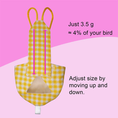Front view of Bird Diaper Harness Flight Suit With 80 Inch Flying Leash For Parrots And Small Birds in yellow checks