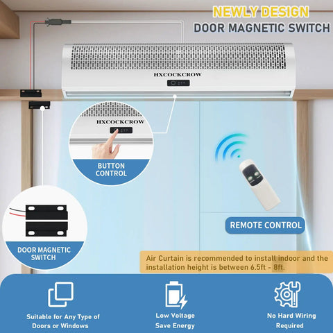 36 Inch Wall Mounted Air Curtain For Commercial Doors With Magnetic Switch showing remote control and button features.