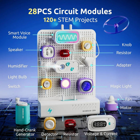 Hands On Circuit Building Kit For Kids With 120 Plus Projects, STEM Toys For Ages 8 To 13, Learn Electronics, Build Real Circuits, Kid Friendly And Absolutely Awesome STEM Activities That Grow With Your Child. 28-piece modules with speaker, fan, motor, switch