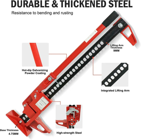 Beefy 60 Inch Farm Jack With 6000 Lb Capacity Ratcheting Off Road Lift, showcasing durable thickened steel and integrated arm.