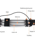 Front view of CNC Linear Stage Actuator with Double Optical Axis Rails and 1605 Ball Screw Drive for ultra smooth motion, key components labeled.