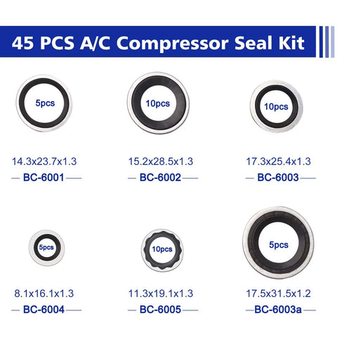 AC Compressor Port Seal Washer Kit 45 Piece Gasket Set For Car AC Repairs With Bonded Seals And Assorted Washers.