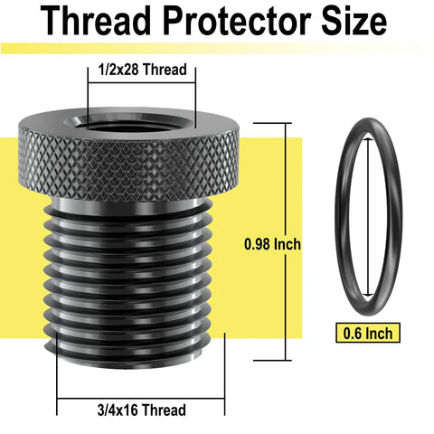 Front view of a two-piece thread adapter with knurled metal cap and rubber washer; converts 1/2-28 to 3/4-16.