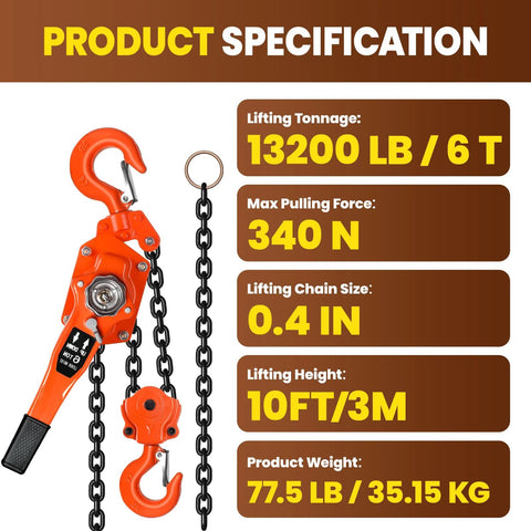 Image showing the 6 Ton Manual Lever Chain Hoist with detailed specifications for 10 ft lift and dual hooks in a factory setting.