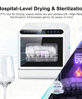 Slick Portable Mini Countertop Dishwasher With Five Liter Tank Three Quick Wash Cycles Glass Front Led Display showing dishes drying.