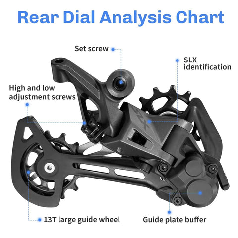 Rear view of Trail Ready 12 Speed Mountain Rear Derailleur M7100 SGS With 13T Pulley Kit Cushioned Pads, parts labeled.