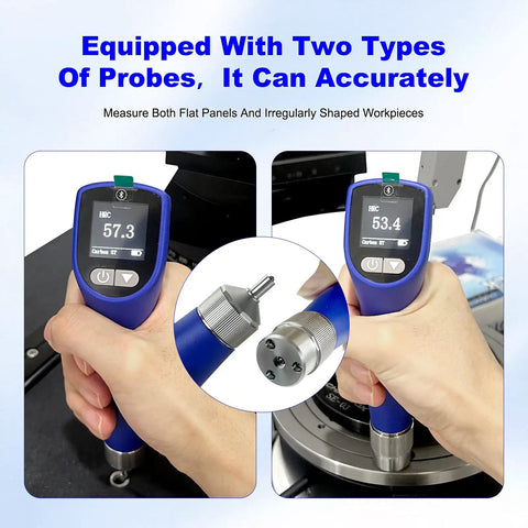 Portable Ultrasonic Hardness Tester With Dual Probes For Measuring HL HV HB HS HRA HRB HRC, handheld gauge testing flat and curved metal surfaces