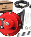 Kickass Hella Loud 12 Volt Golf Cart Horn Kit With Heavy Duty Floor Pedal Switch features red horn, wiring, and mounting hardware.