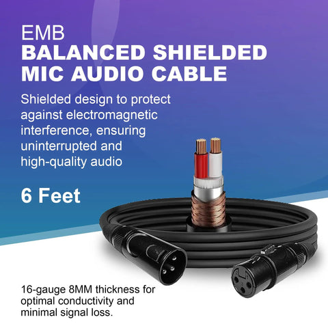 6ft shielded mic audio cable with XLR connectors for ProFX12v3+ 12-Channel Mixer With Effects And Bluetooth Bundle, USB-C Audio Interface.