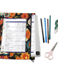 Zippered Gothic Skull Design Coupon Organizer For 3 Ring Binders with floral print, open showing inserted documents.