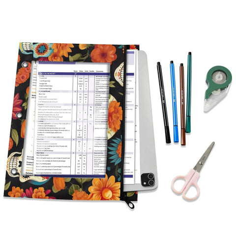 Zippered Gothic Skull Design Coupon Organizer For 3 Ring Binders with floral print, open showing inserted documents.