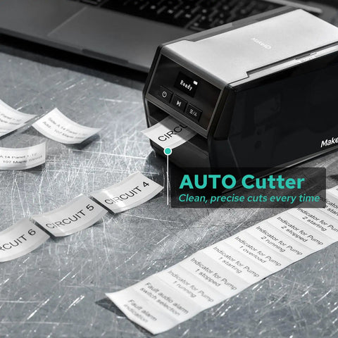 Heavy Duty Desktop Label Printer With Two Inch Print Head Mobile And Pc Control Rugged Battery on steel surface with printed circuit labels.