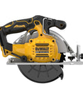 Slick Pro Grade Rugged Brushless Cordless Circular Saw 20V Max with yellow motor and black handle, ideal for lumber cutting.