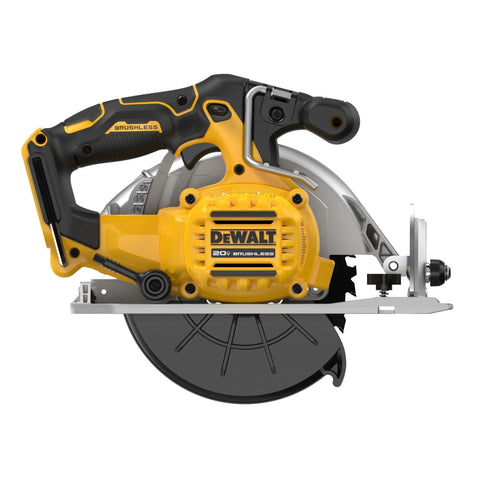 Slick Pro Grade Rugged Brushless Cordless Circular Saw 20V Max with yellow motor and black handle, ideal for lumber cutting.