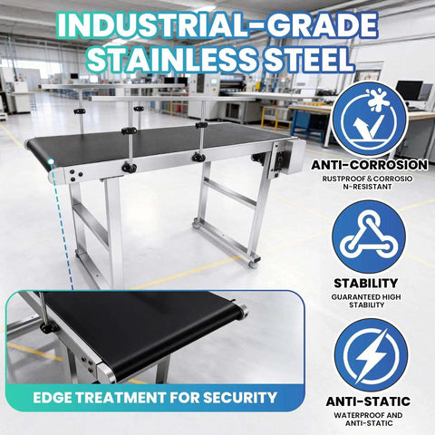 55 By 22 Inches Motorized Belt Conveyor Table With Heavy Duty Stainless Steel Build Anti Static PVC Belt in industrial setting