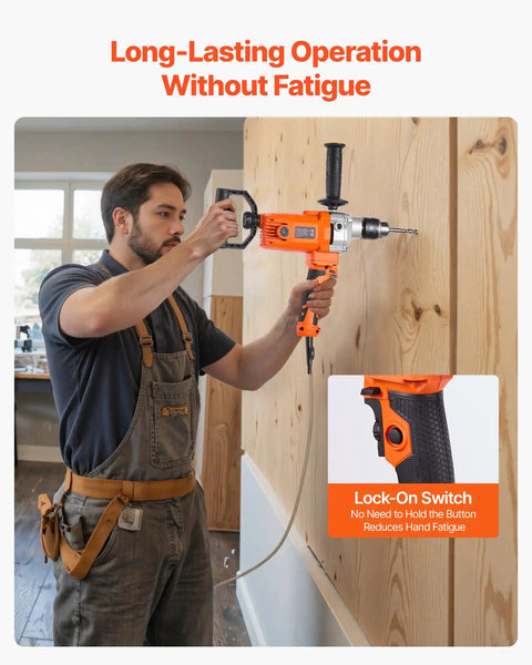 Man using Corded Drill Mixer With 1200W Motor, Five Eighth Inch Chuck, 0 To 750 RPM, Handheld Cement Mixer With D Handle on wood panel