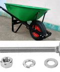 Heavy Duty 14 Piece 304 Stainless Steel Wheelbarrow Bolts And Nut Kit with Five Sixteen Inch Replacement Hardware shown with wheelbarrow