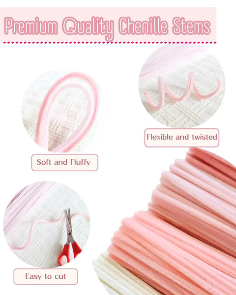 Dope 350 Piece Pipe Cleaner Flower Kit With Tutorial showing soft and fluffy pink chenille stems, flexible and easy to cut.