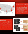 Map highlighting multi-warehouse fulfillment locations and shipping details for All Terrain Mud ATV UTV Tires 16x8-7 Set Of 2 Tubeless 4 Ply With Directional Tread Grippy On Rough Trails For Go Karts And Outdoor Off Road Fun Fits 7 Inch Rims.