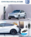 Level 2 Portable EV Charger With 32A 7.68kW Output 25Ft Cable connected to electric vehicles and showing J1772 adapter