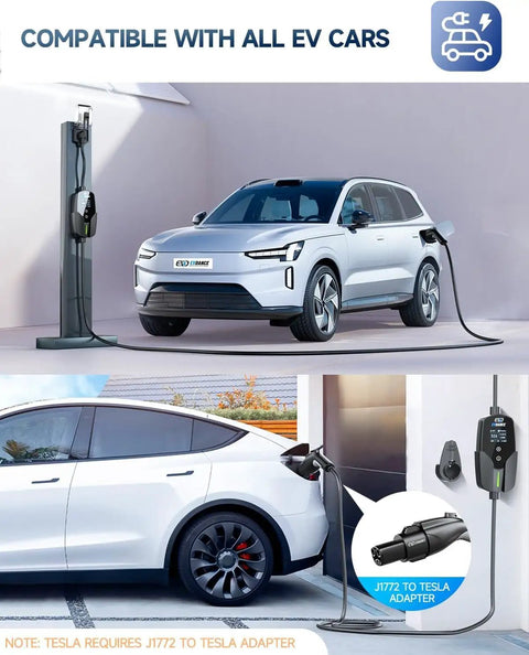 Level 2 Portable EV Charger With 32A 7.68kW Output 25Ft Cable connected to electric vehicles and showing J1772 adapter