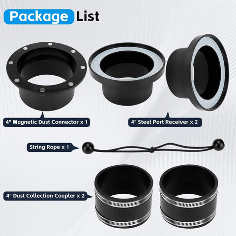 Heavy Duty 4 Inch Magnetic Dust Collection Fittings For Shop Vacuums And Woodworking Shops displaying connectors and couplers.