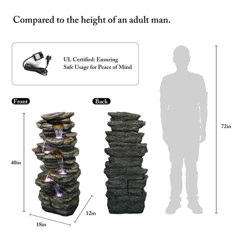 40 Inch High Six Tier Cascading Rock Outdoor Water Fountain With LED Lights, front and back view, size comparison with person