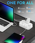 10Ft Braided Power Strip With Flat Plug, 4 Outlets And 4 USB Ports on desk with laptop and tablet connected.