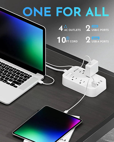 10Ft Braided Power Strip With Flat Plug, 4 Outlets And 4 USB Ports on desk with laptop and tablet connected.