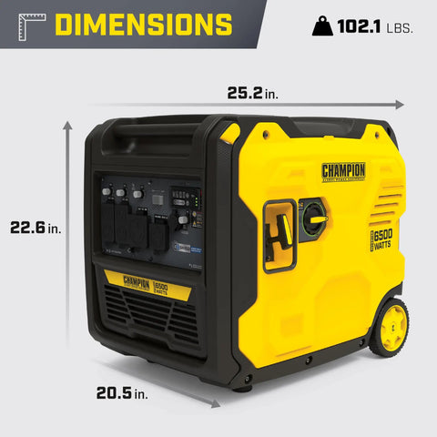 6500-Watt RV Ready Portable Inverter Generator with Quiet Technology, dimensions 25.2 x 22.6 x 20.5 inches, 102.1 lbs
