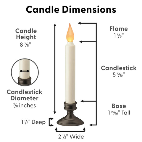 Set Of Four Battery Operated LED Window Candles With Dusk To Dawn Sensor Amber Flicker Flame Aged Bronze Base size dimensions