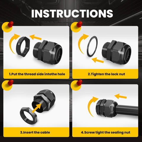 Instruction steps for Half Inch NPT Cable Gland Waterproof IP68 Nylon Cord Grip Strain Relief Rubber Grommets For Wiring And Electrical Connectors