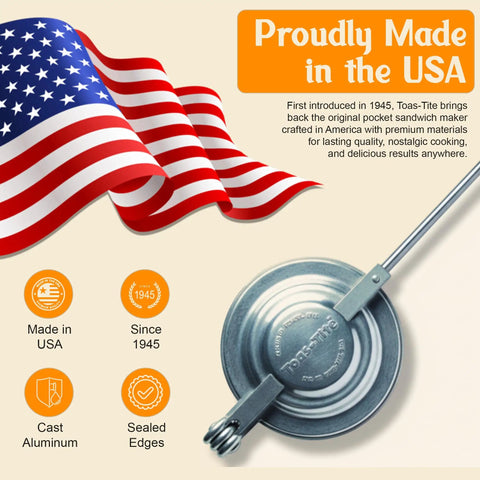 Retro 1945 Style Handheld Cast Aluminum Sandwich Maker And Pie Iron Grill, proudly made in the USA, showcasing cast aluminum and sealed edges.