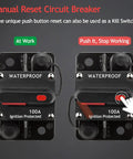 100 Amp Manual Reset Circuit Breaker Pack For Cars, Marine, Trolling Motors, Boats, And ATVs, Protects Audio System And Power Supply, 12V To 48V DC, 3 Pack view with manual reset display, showing on and off position.