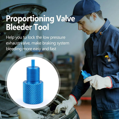 Four Piece Brake Proportioning Valve Bleeder Tool For GM Style Combo Valves, blue tool with threaded design for easy system bleeding.
